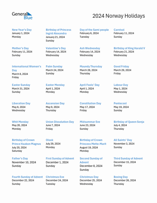 Free printable list of Norway holidays for year 2024