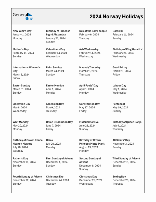 Free printable list of Norway holidays for year 2024