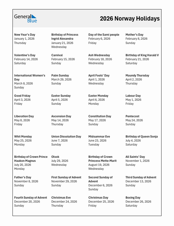 Free printable list of Norway holidays for year 2026