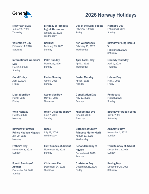 Free printable list of Norway holidays for year 2026