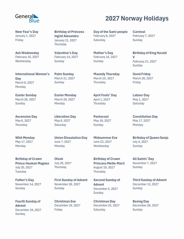 Free printable list of Norway holidays for year 2027