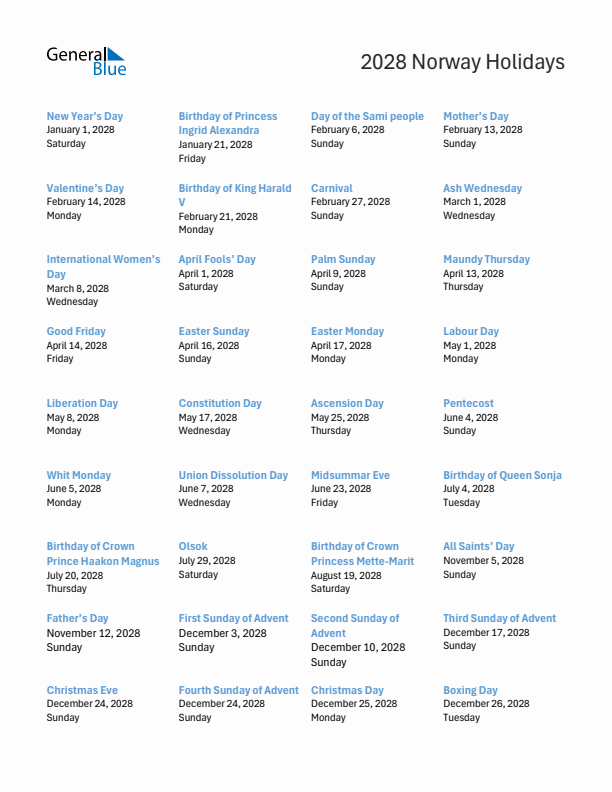 Free printable list of Norway holidays for year 2028