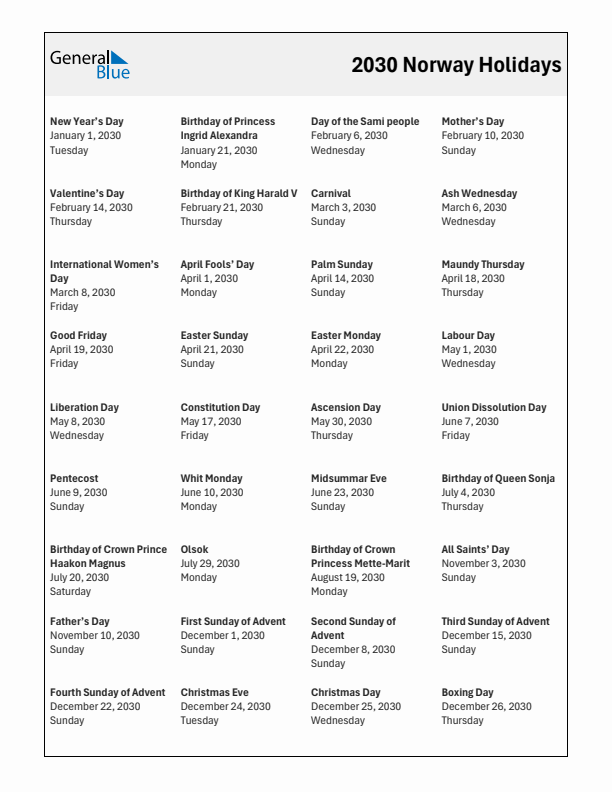 Free printable list of Norway holidays for year 2030