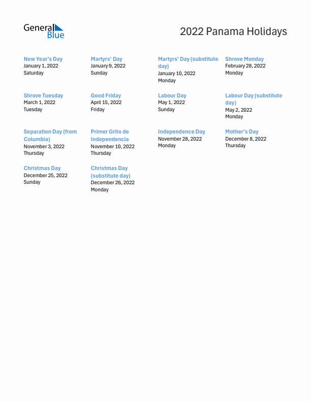 Free printable list of Panama holidays for year 2022