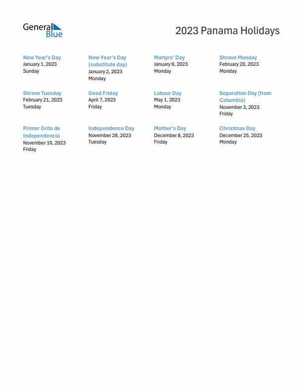 Free printable list of Panama holidays for year 2023