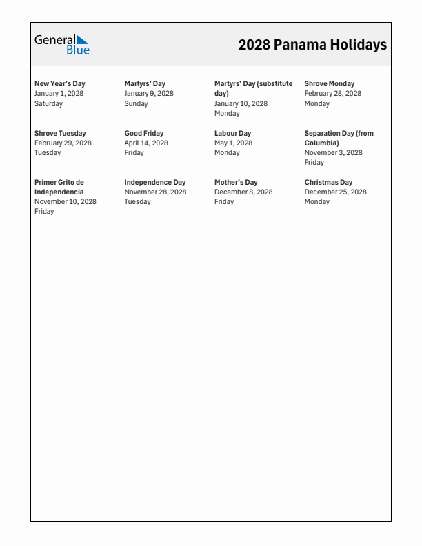 Free printable list of Panama holidays for year 2028