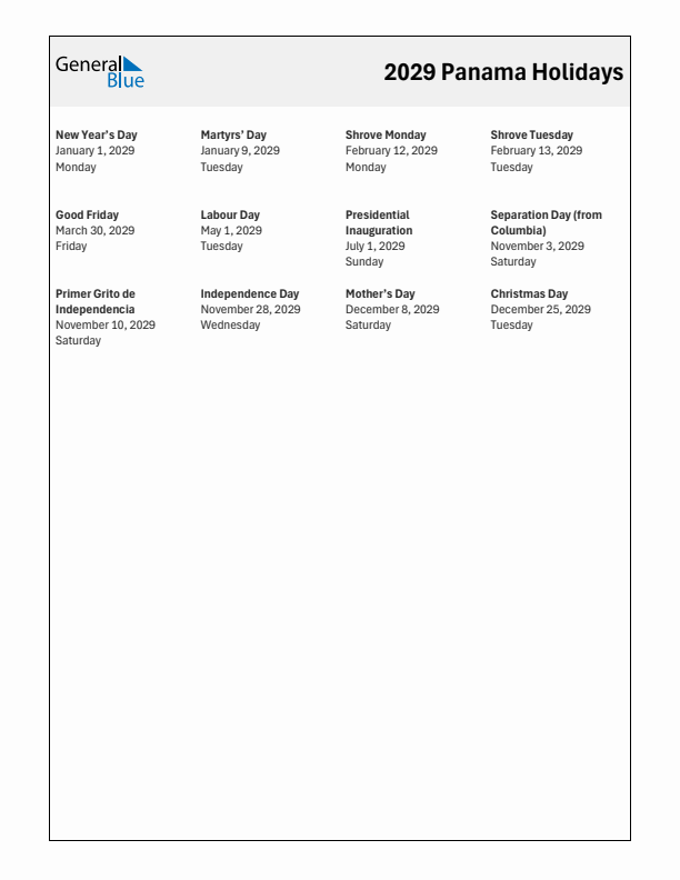 Free printable list of Panama holidays for year 2029