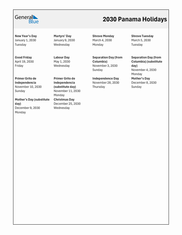 Free printable list of Panama holidays for year 2030