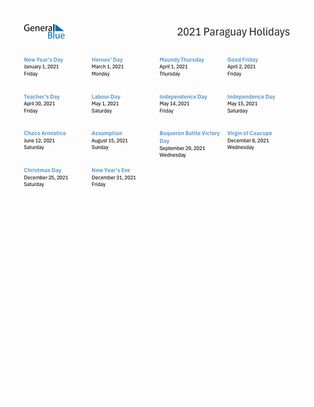 Free printable list of Paraguay holidays for year 2021