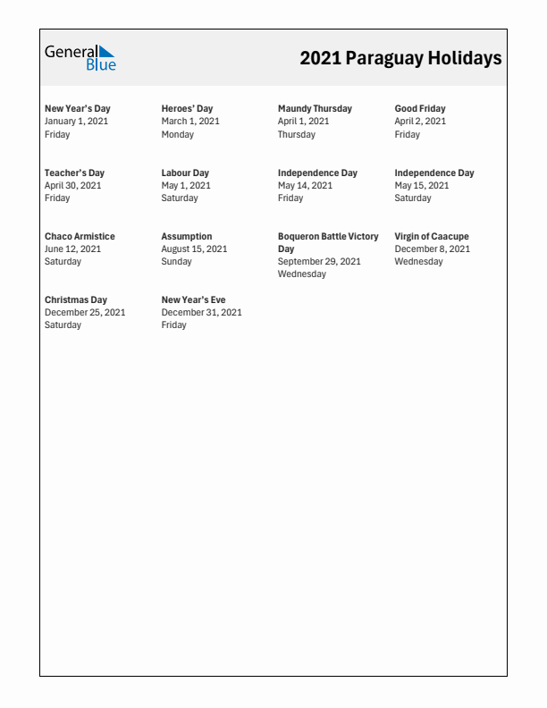 Free printable list of Paraguay holidays for year 2021