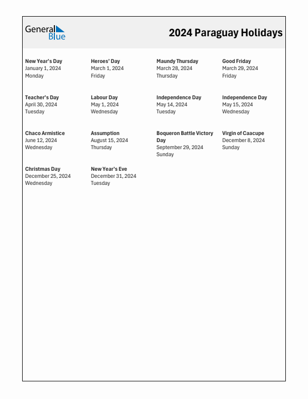 Free printable list of Paraguay holidays for year 2024