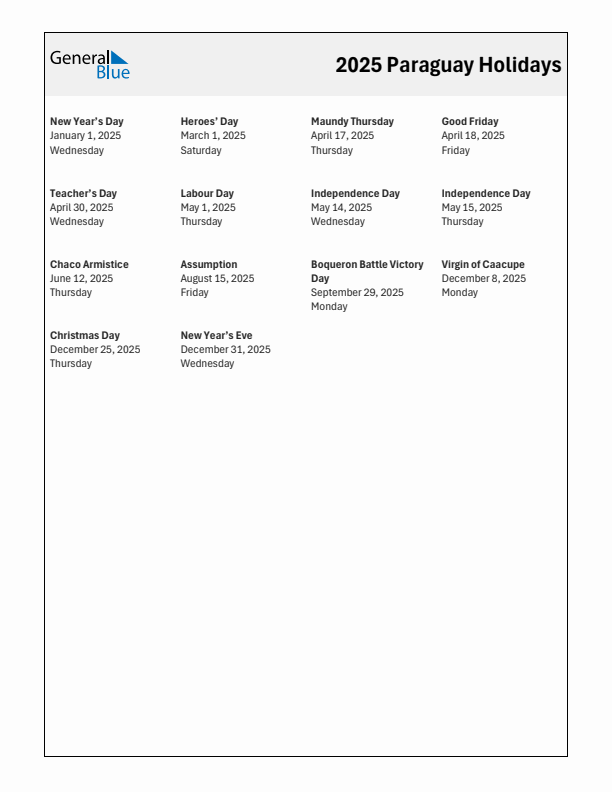 Free printable list of Paraguay holidays for year 2025