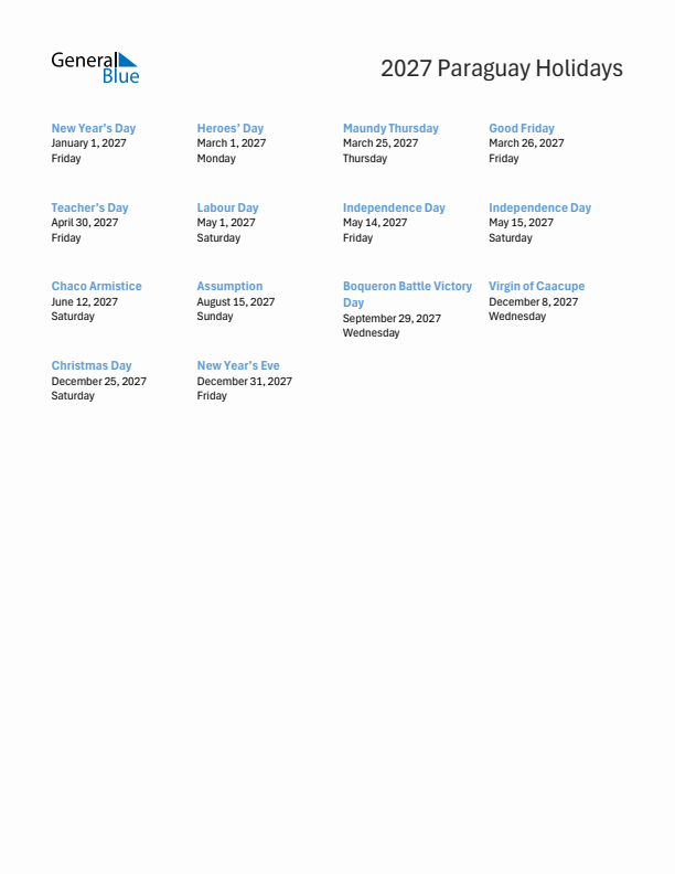 Free printable list of Paraguay holidays for year 2027