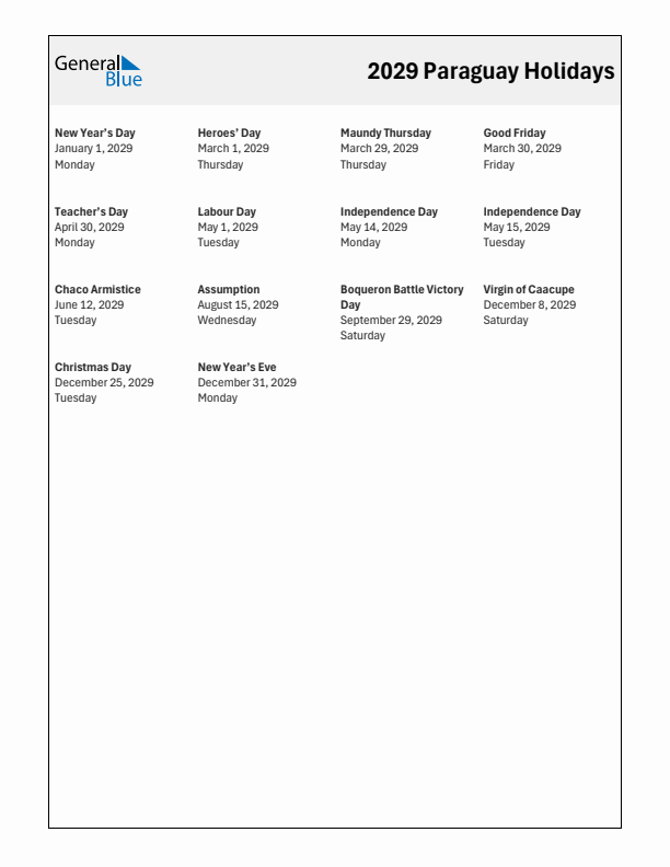 Free printable list of Paraguay holidays for year 2029