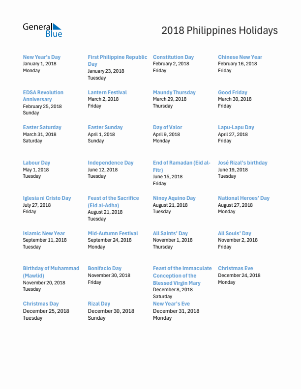 Free printable list of Philippines holidays for year 2018