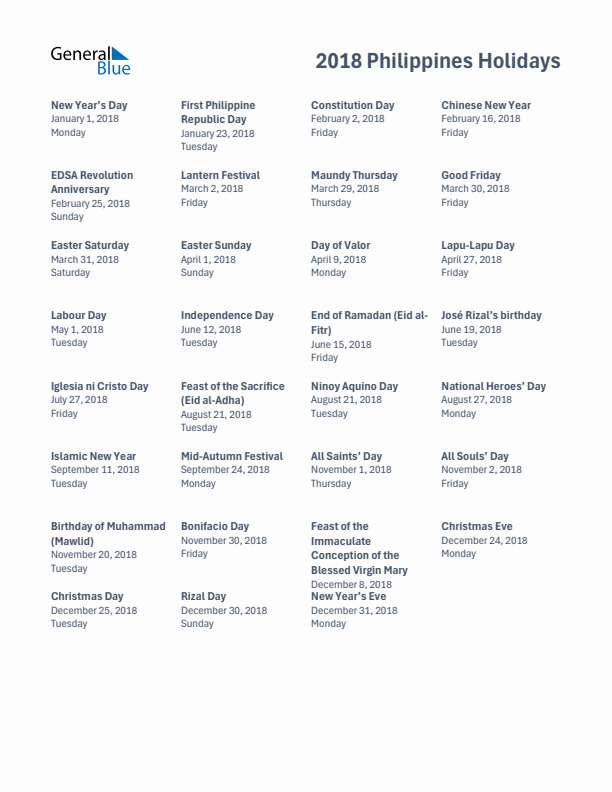 Free printable list of Philippines holidays for year 2018