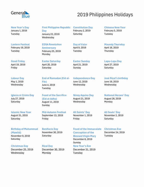 Free printable list of Philippines holidays for year 2019