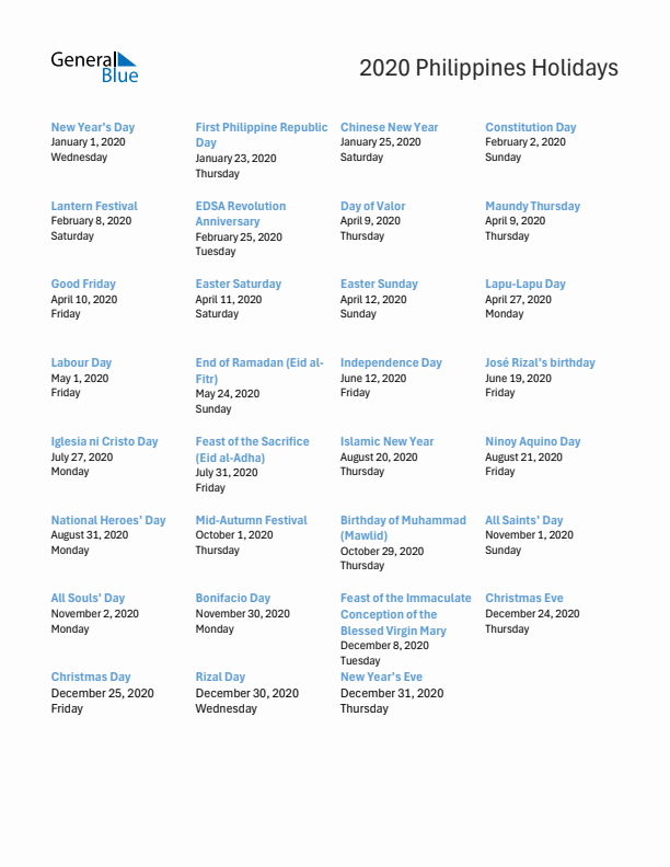 Free printable list of Philippines holidays for year 2020