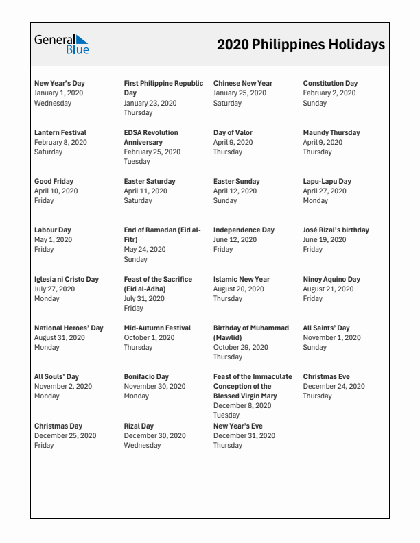 Free printable list of Philippines holidays for year 2020