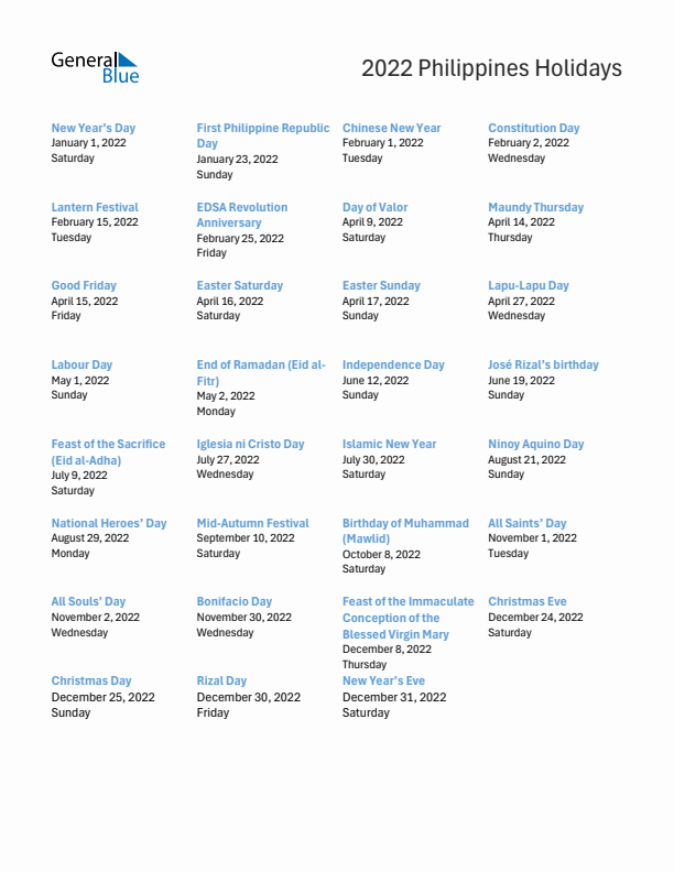 Free printable list of Philippines holidays for year 2022