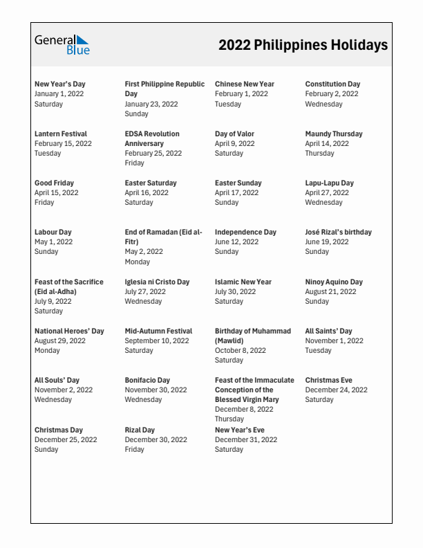 Free printable list of Philippines holidays for year 2022