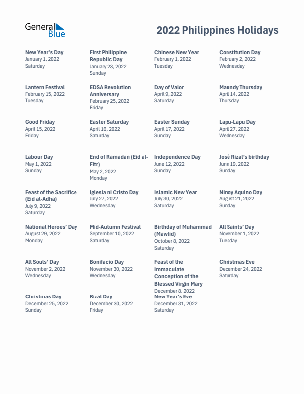 Free printable list of Philippines holidays for year 2022