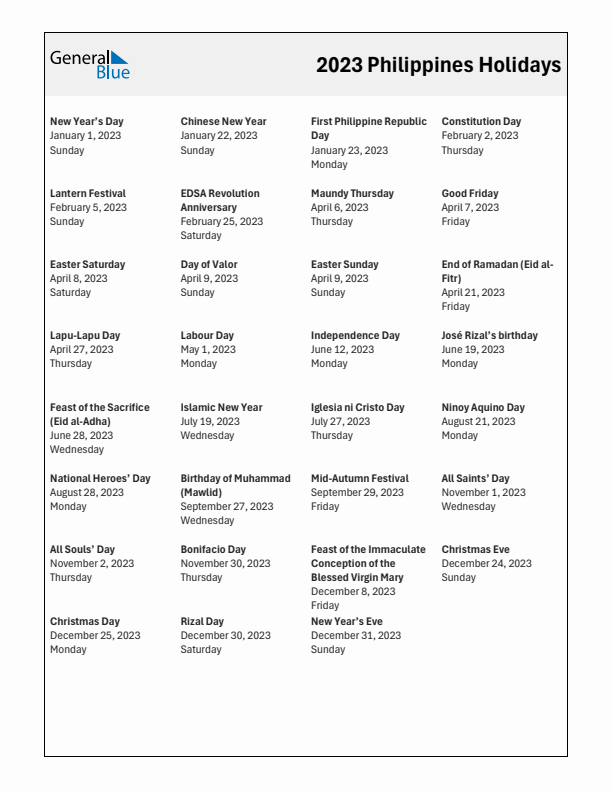 Free printable list of Philippines holidays for year 2023