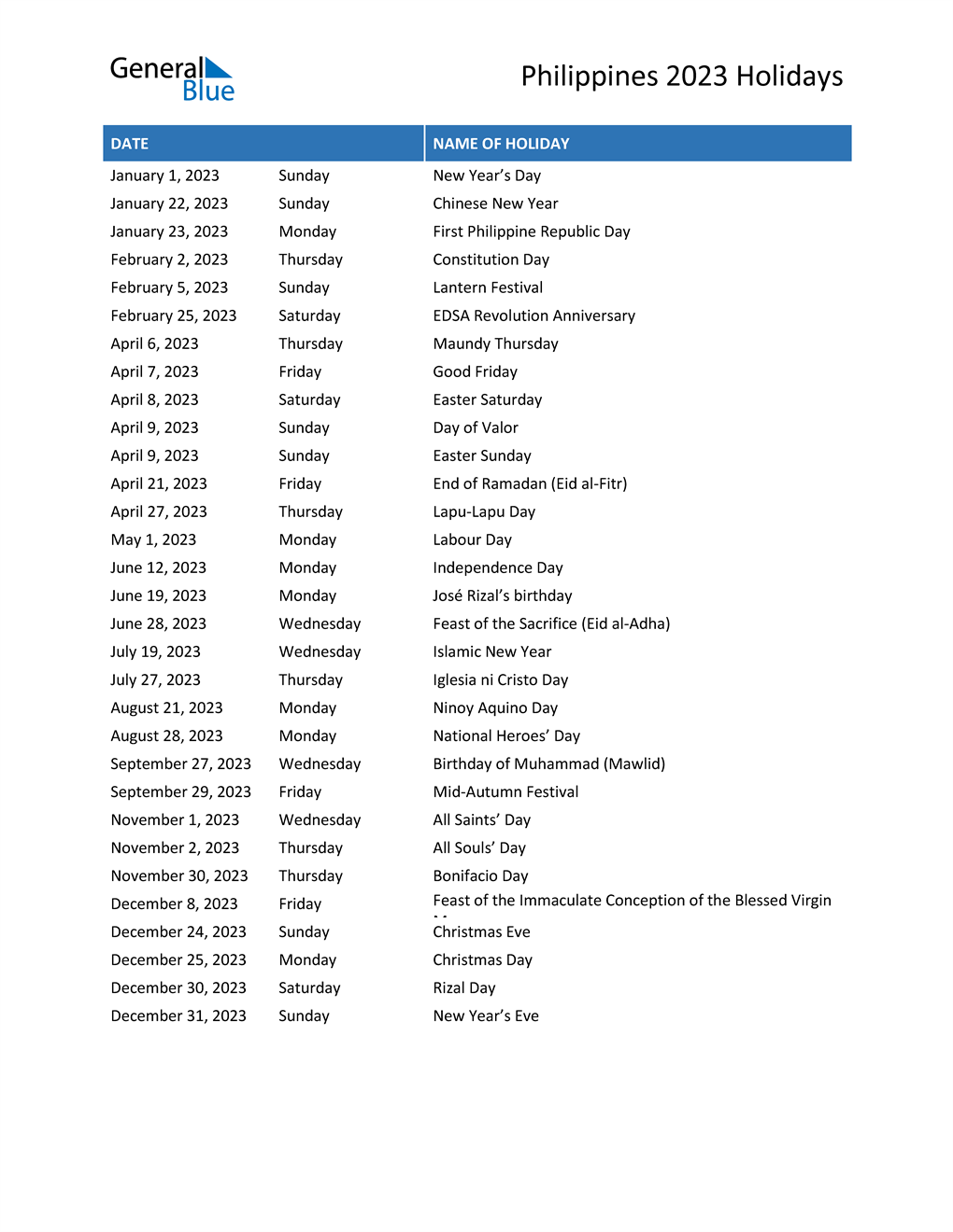 2023 Calendar With Holidays Philippines Philippines Holidays 2023 In Pdf Word And Excel