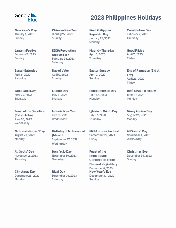 Free printable list of Philippines holidays for year 2023