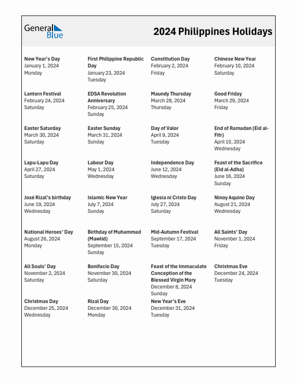 Free printable list of Philippines holidays for year 2024