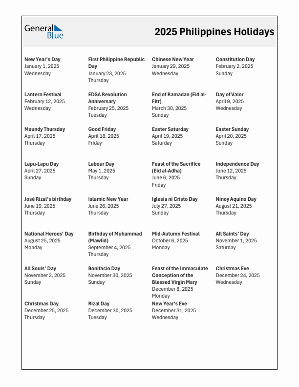 Free printable list of Philippines holidays for year 2025