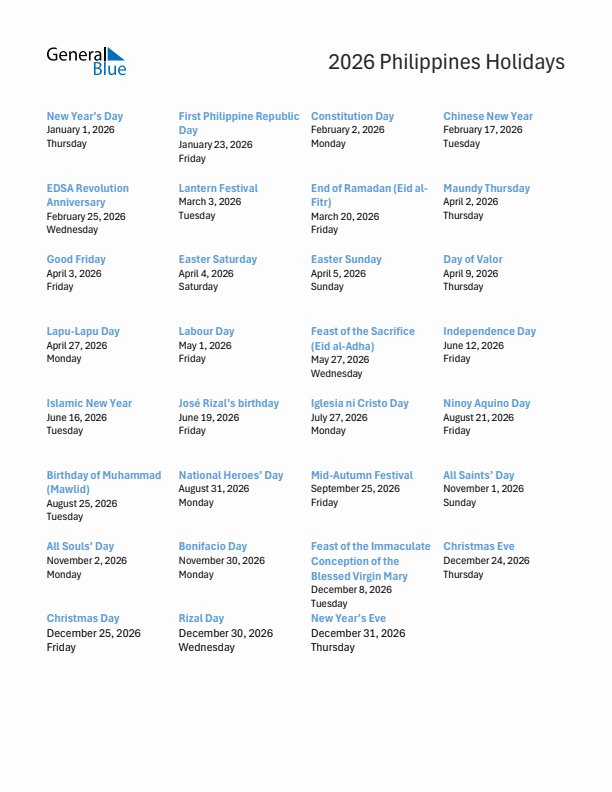 Free printable list of Philippines holidays for year 2026