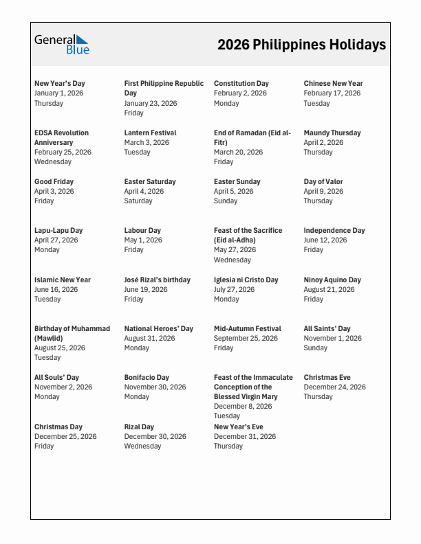 Free printable list of Philippines holidays for year 2026