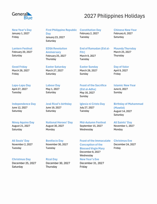 Free printable list of Philippines holidays for year 2027