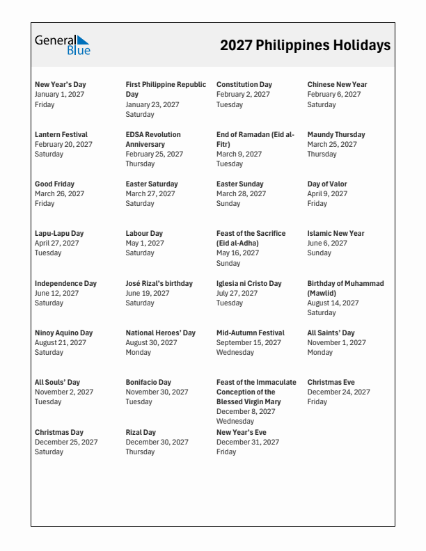 Free printable list of Philippines holidays for year 2027