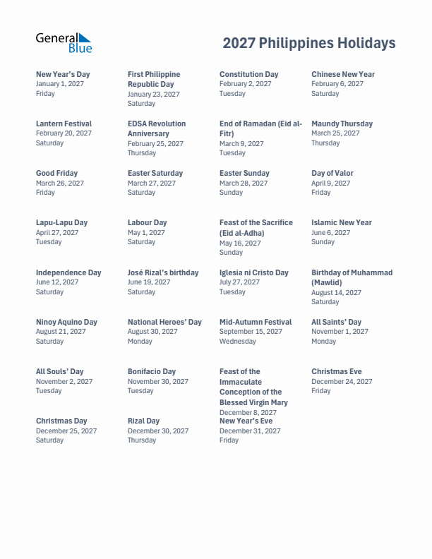 Free printable list of Philippines holidays for year 2027