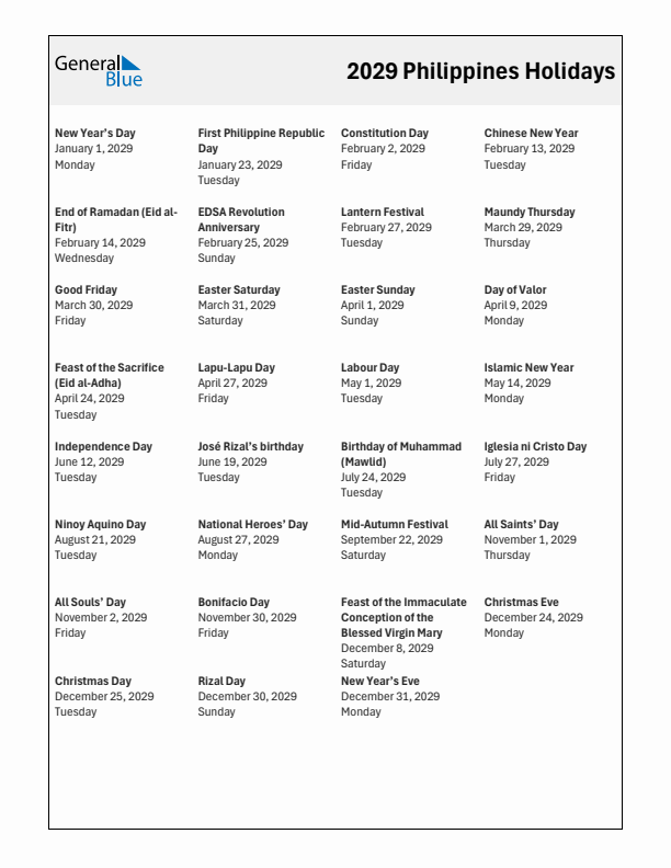 Free printable list of Philippines holidays for year 2029