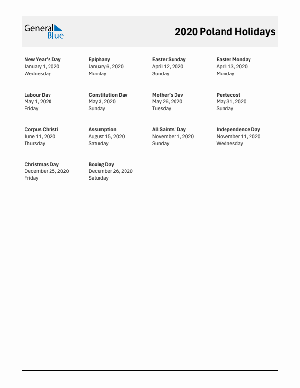 Free printable list of Poland holidays for year 2020