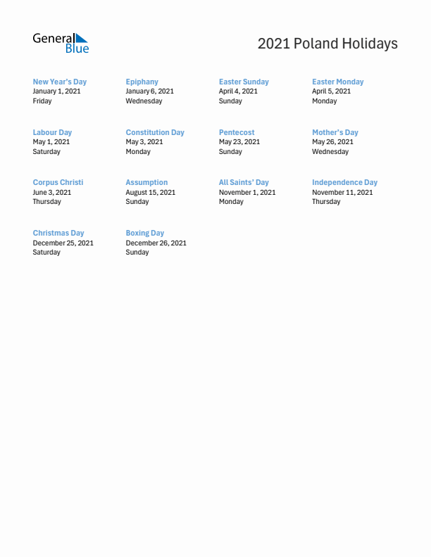 Free printable list of Poland holidays for year 2021