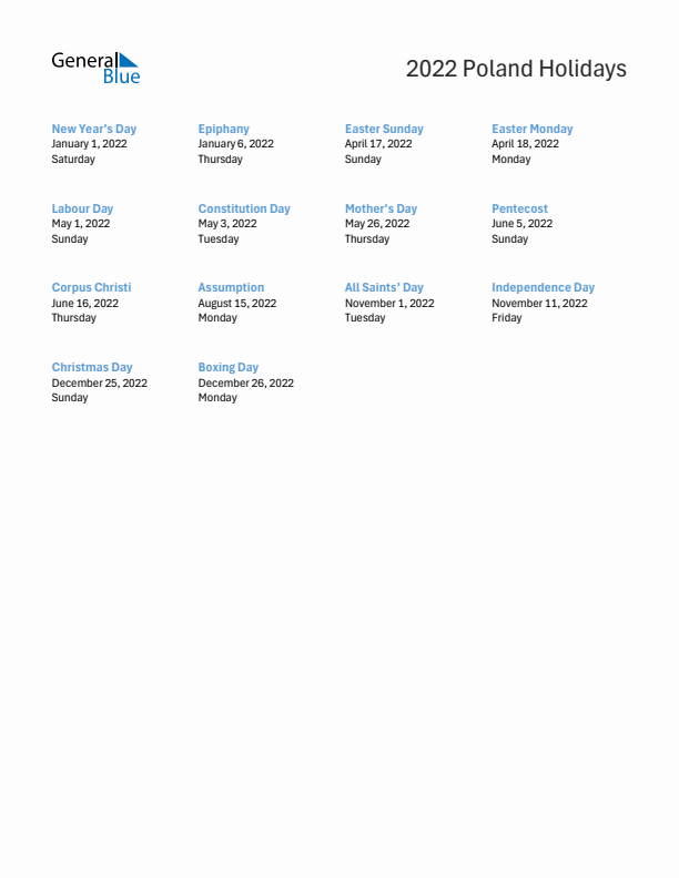 Free printable list of Poland holidays for year 2022