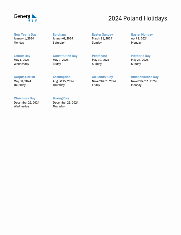 Free printable list of Poland holidays for year 2024