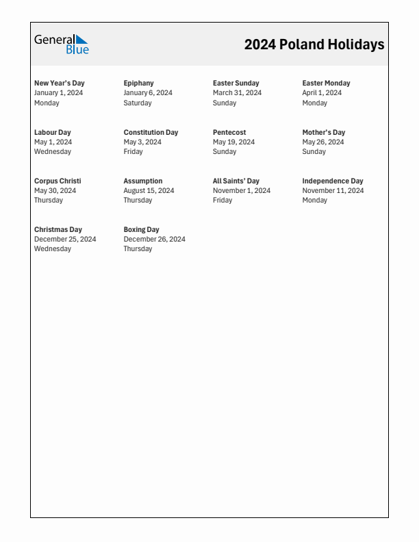 Free printable list of Poland holidays for year 2024