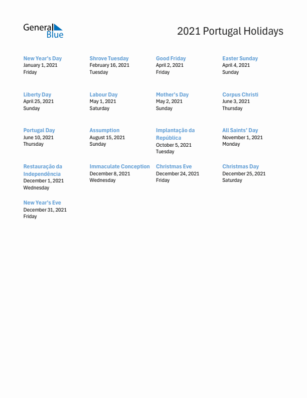 Free printable list of Portugal holidays for year 2021