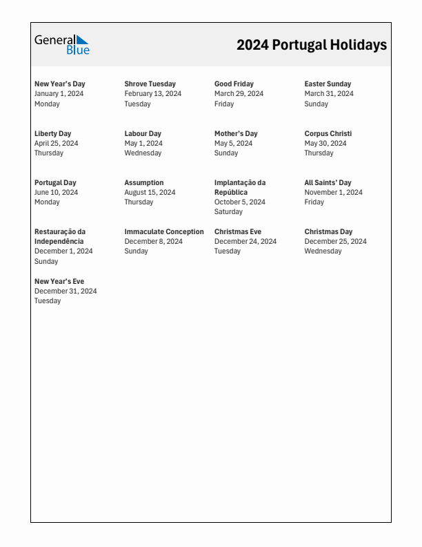 Free printable list of Portugal holidays for year 2024