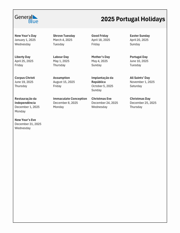 Free printable list of Portugal holidays for year 2025