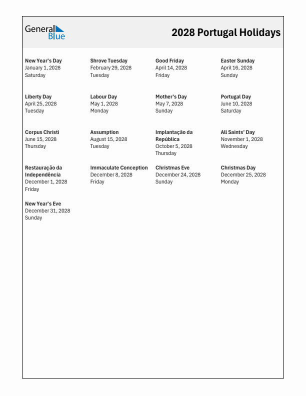 Free printable list of Portugal holidays for year 2028