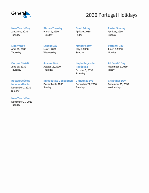 Free printable list of Portugal holidays for year 2030