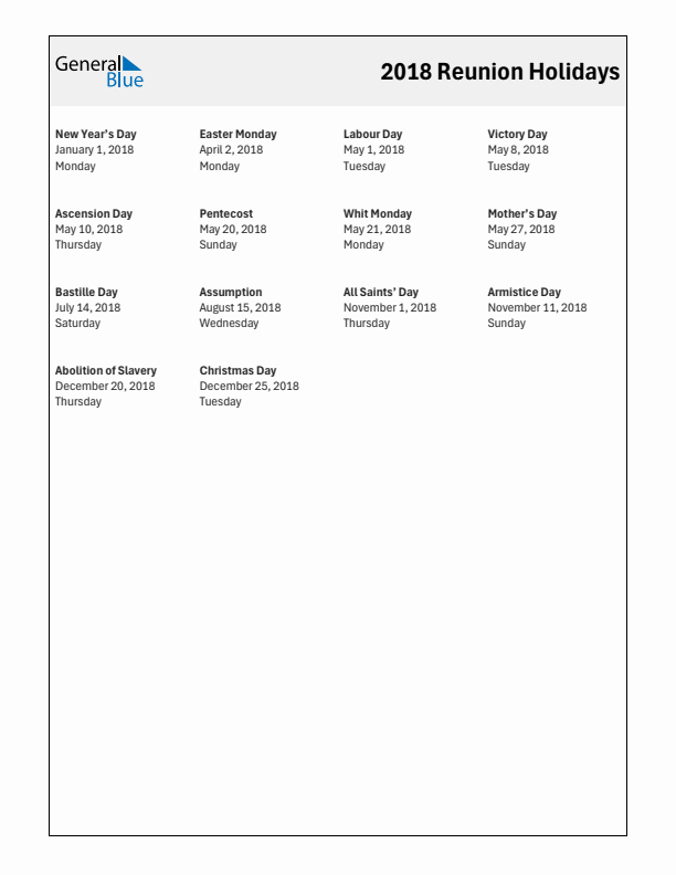 Free printable list of Reunion holidays for year 2018