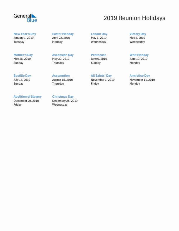 Free printable list of Reunion holidays for year 2019