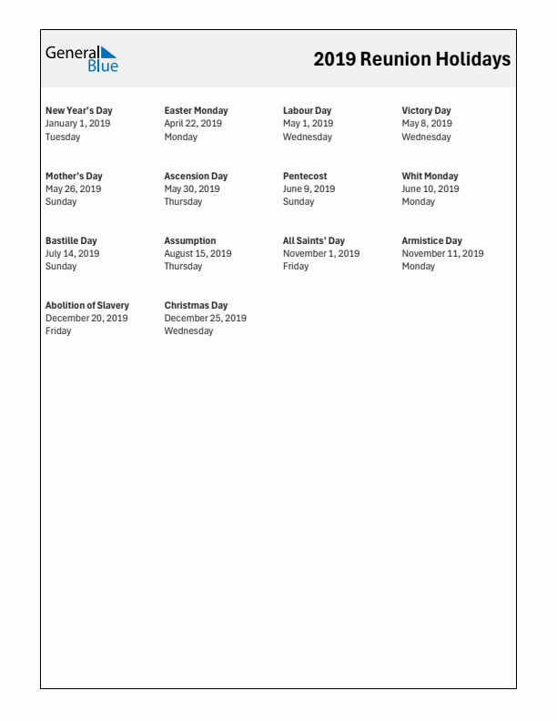 Free printable list of Reunion holidays for year 2019